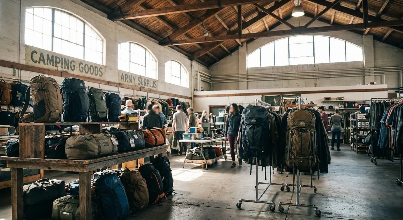 Travel gear section inside Sports Basement's converted Army commissary building at the Presidio, with original department signs visible on exposed-beam ceiling