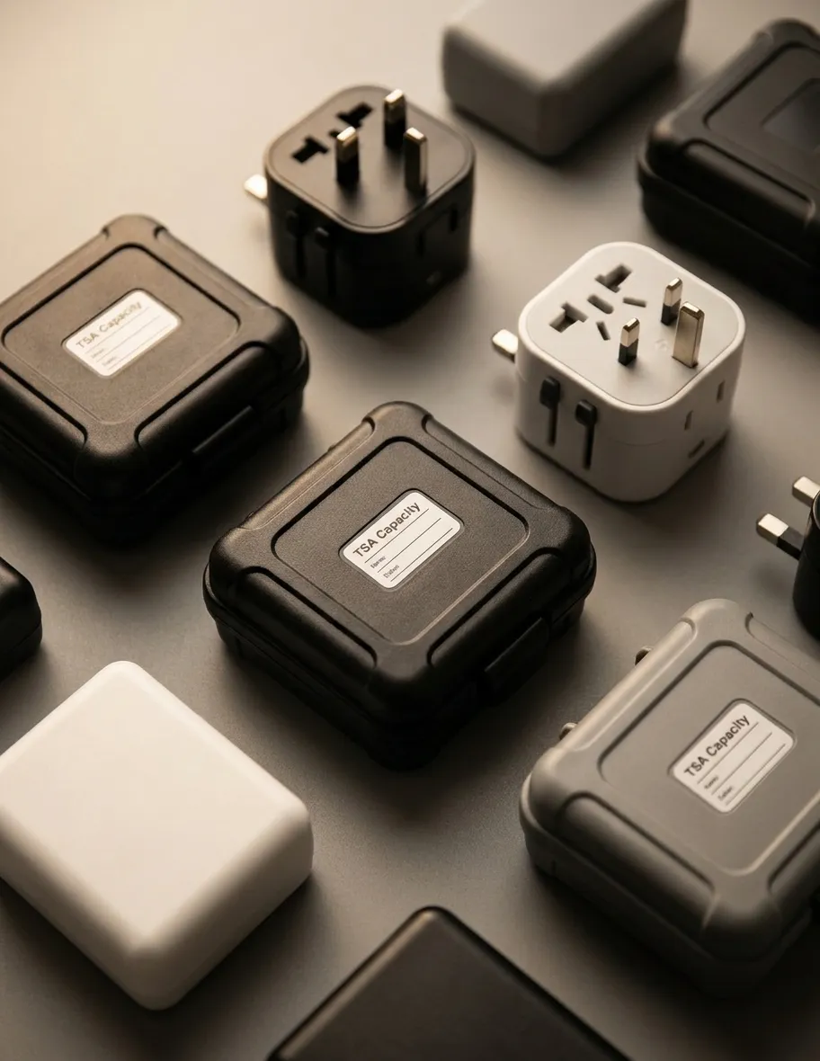 Battery cases and international travel adapters arranged on display with TSA capacity labels visible