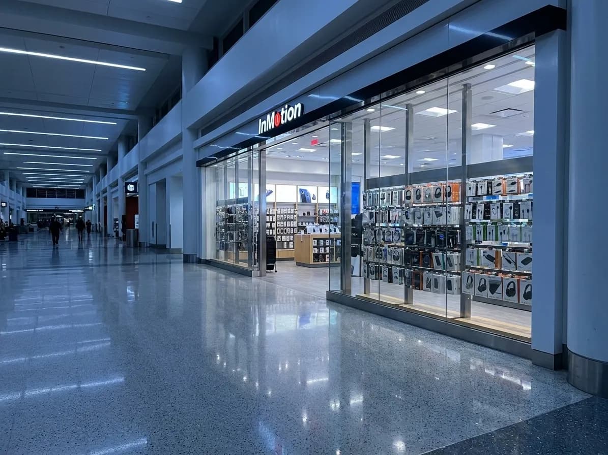 InMotion electronics store illuminated storefront inside SFO terminal with charging cables and headphones visible through glass