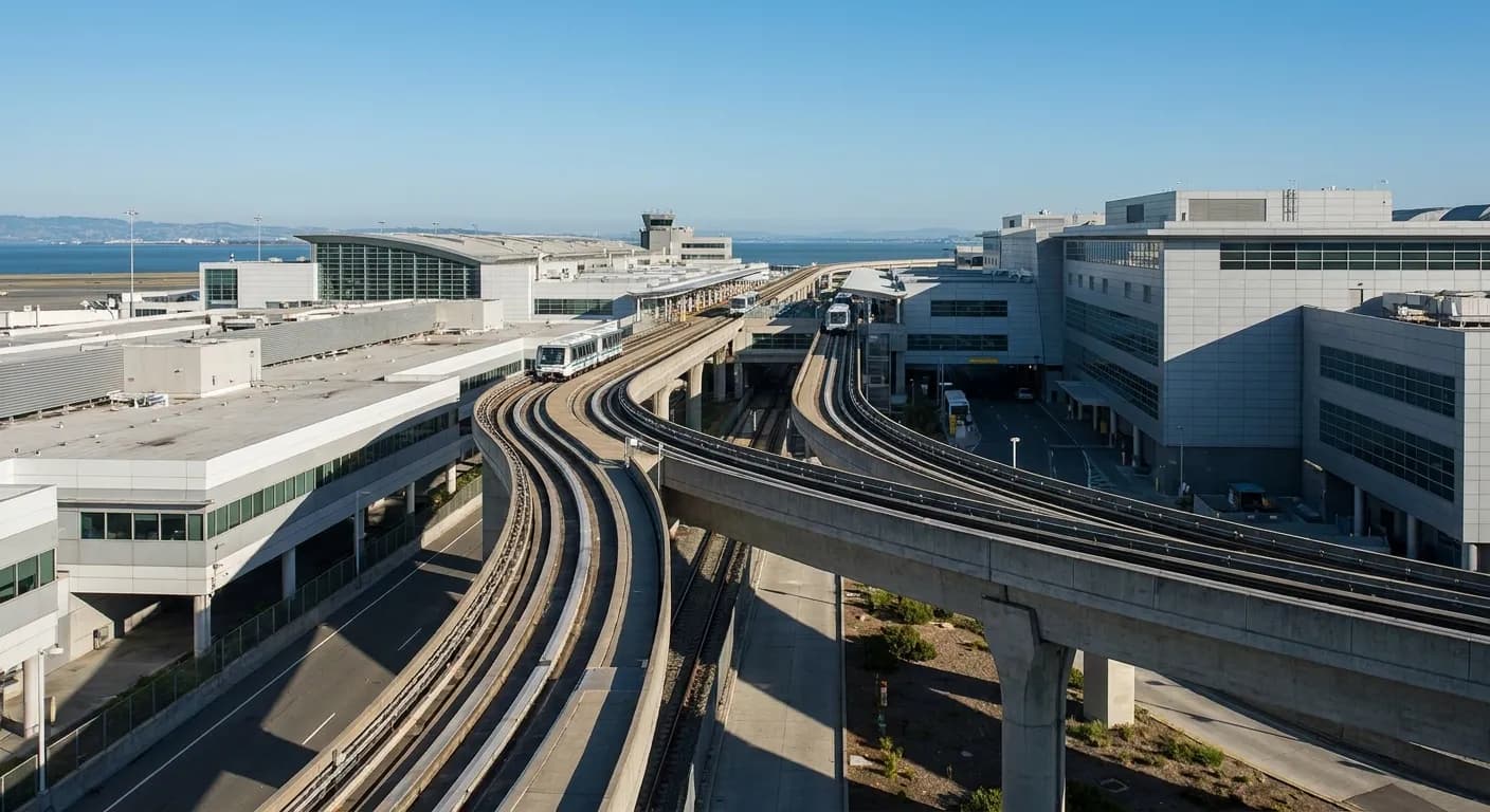 SFO AirTrain elevated guideway connecting terminals with San Francisco Bay visible in background