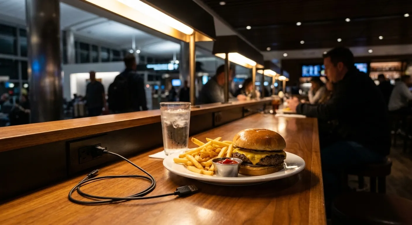 Burger and fries on a white plate at an LAX Terminal 4 bar and grill, with a glass of water and a charging cable visible on the counter