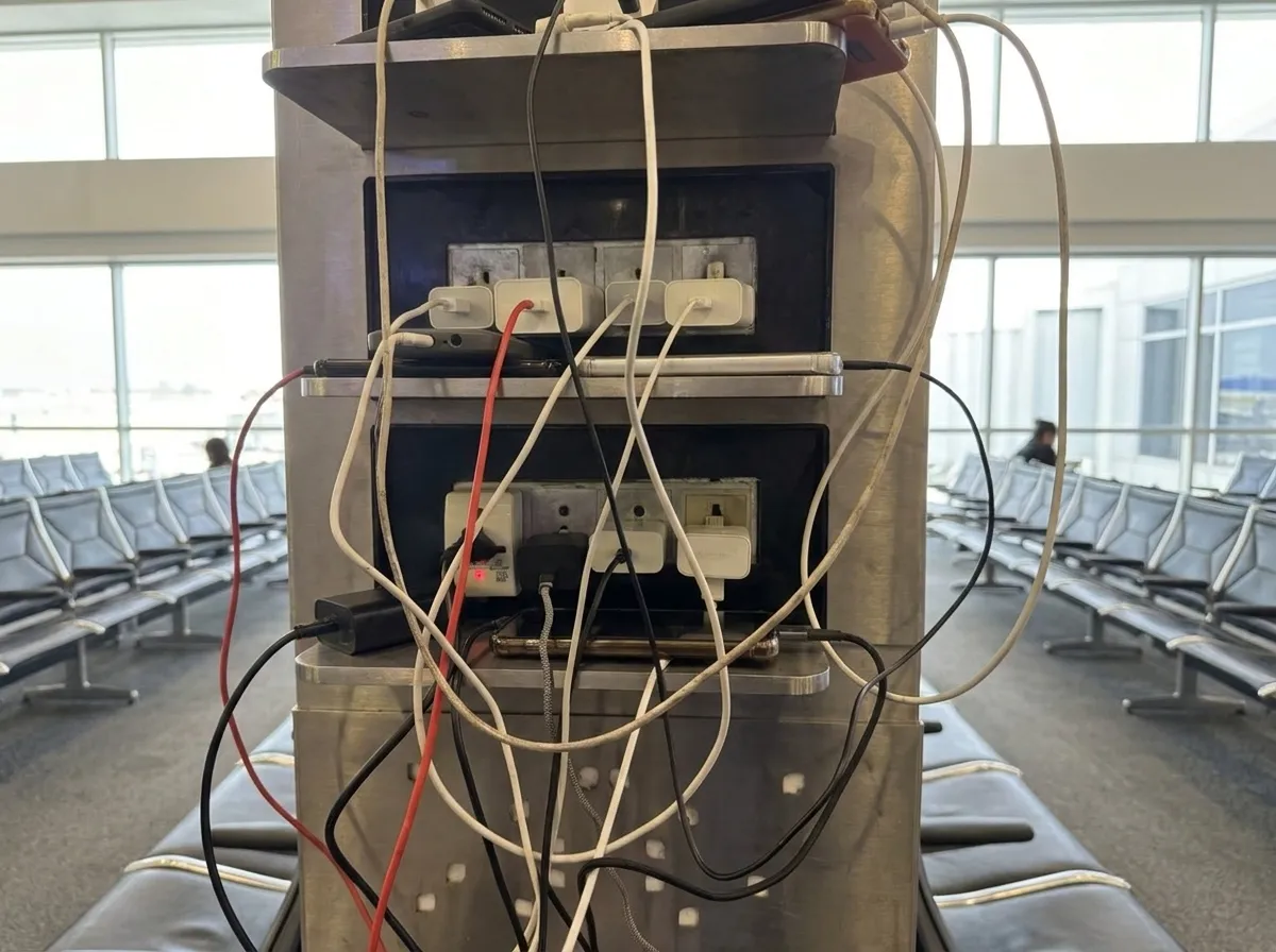 Phone plugged into a USB-C outlet at a gate-area charging wall in LAX Terminal 4, with rows of empty seats in the background