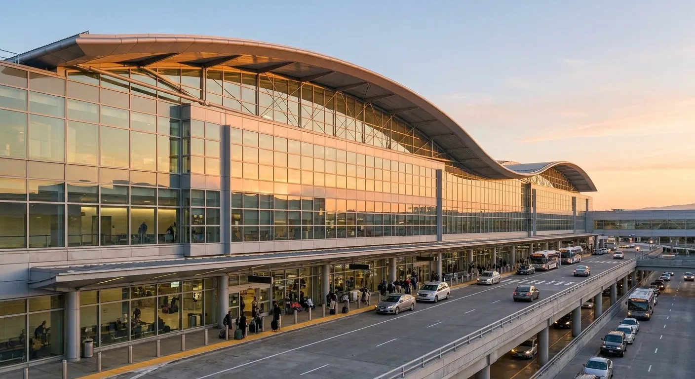 Harvey Milk Terminal 1 exterior at San Francisco International Airport with modern glass facade and departure level roadway