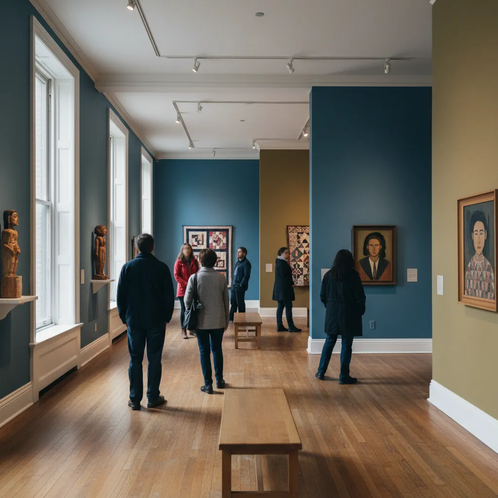 Editorial-style realistic scene inspired by American Folk Art Museum in New York.