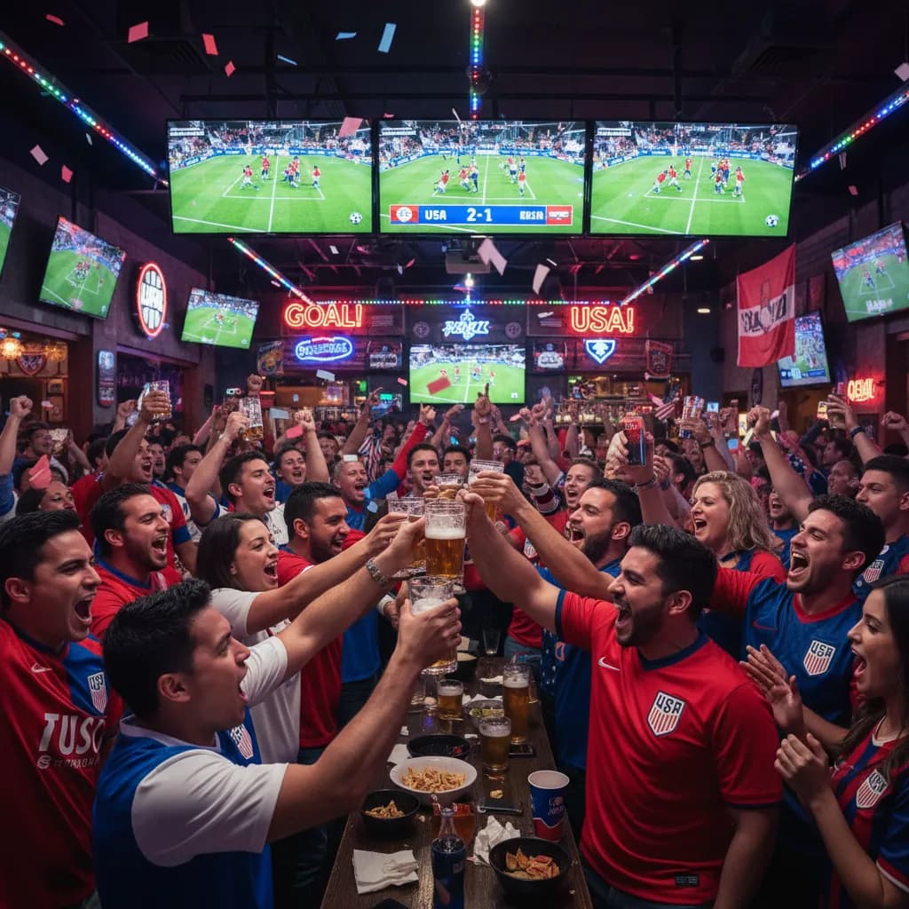 American fans cheering a soccer match in a packed sports bar during World Cup 2026