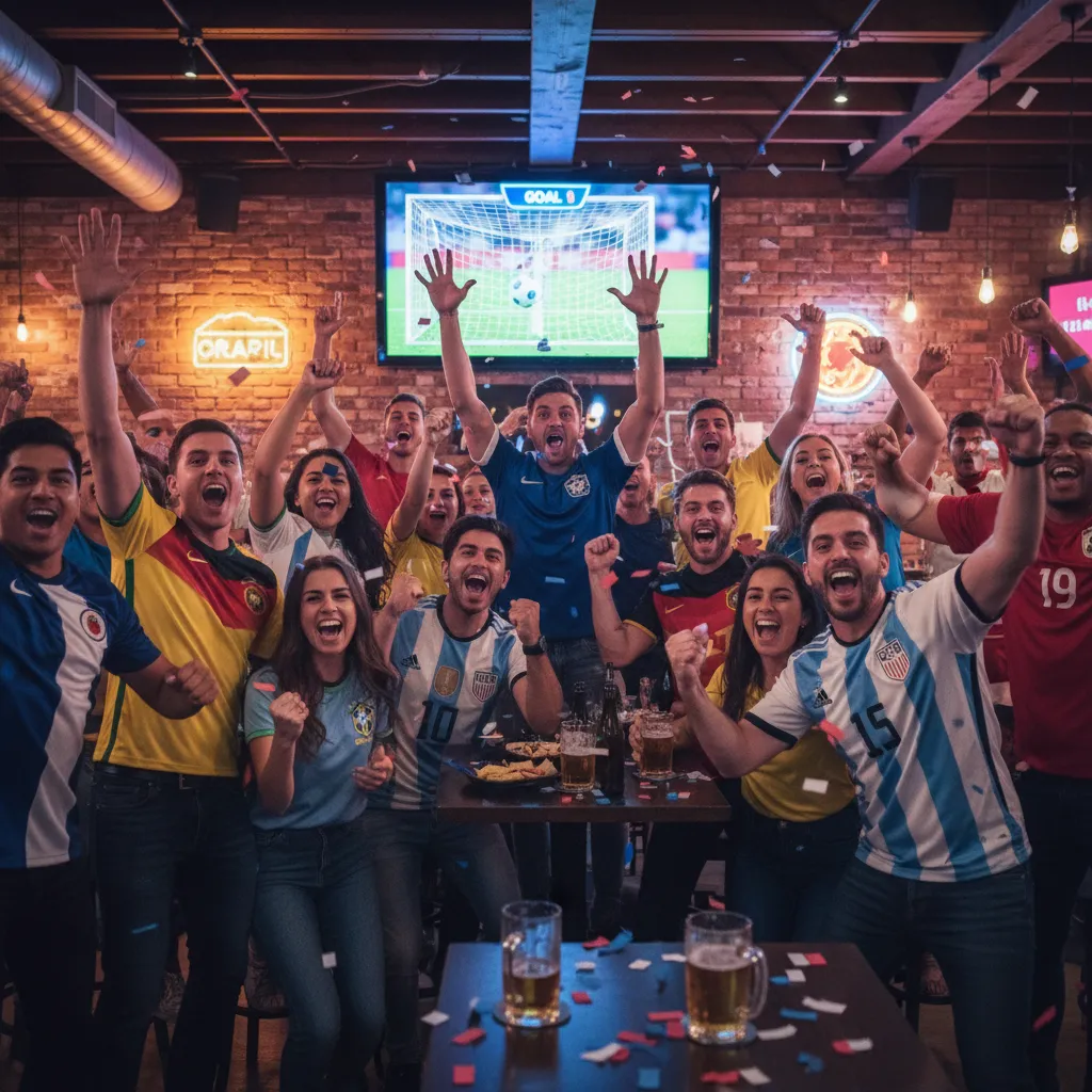 A huge crowd at an outdoor fan festival watching the World Cup