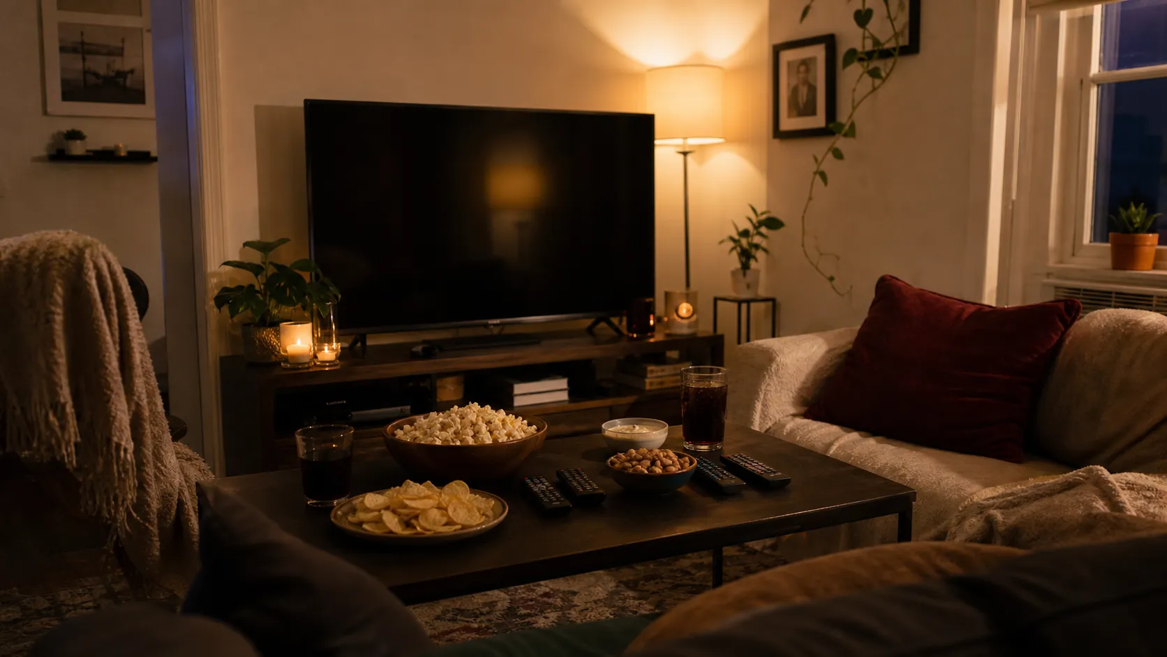 Coffee table with snacks and remote controls set up for a cozy New York apartment watch party.