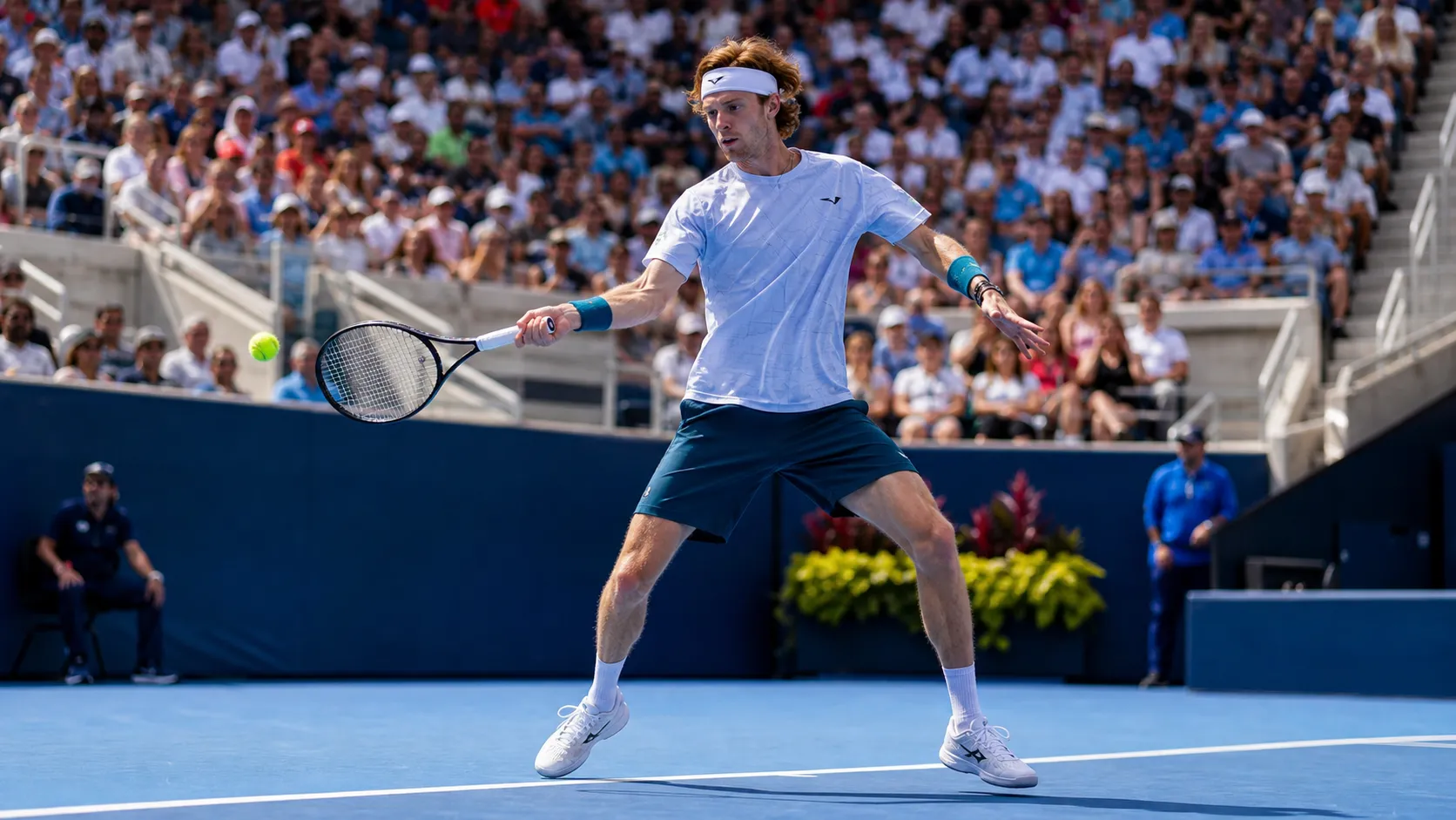 Photorealistic US Open tennis scene for Andrey Rublev’s Forehand Pressure Could Break Open New York Matches.