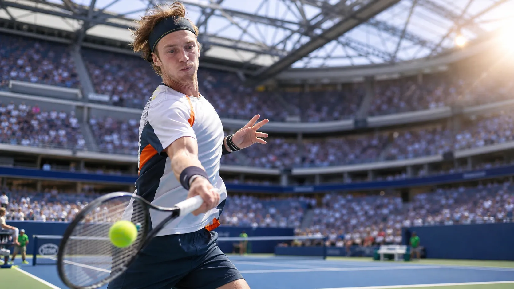 Photorealistic tennis scene illustrating Andrey Rublev’s Forehand Pressure Could Break Open New York Matches.