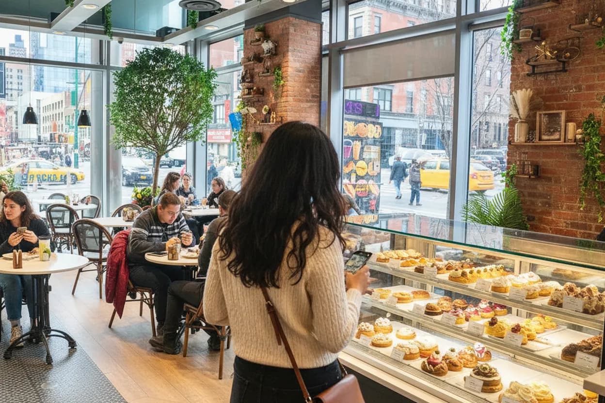 NYC experience scene for Angelina Bakery in Times Square: Bomboloni When Tourists Need Seats Fast