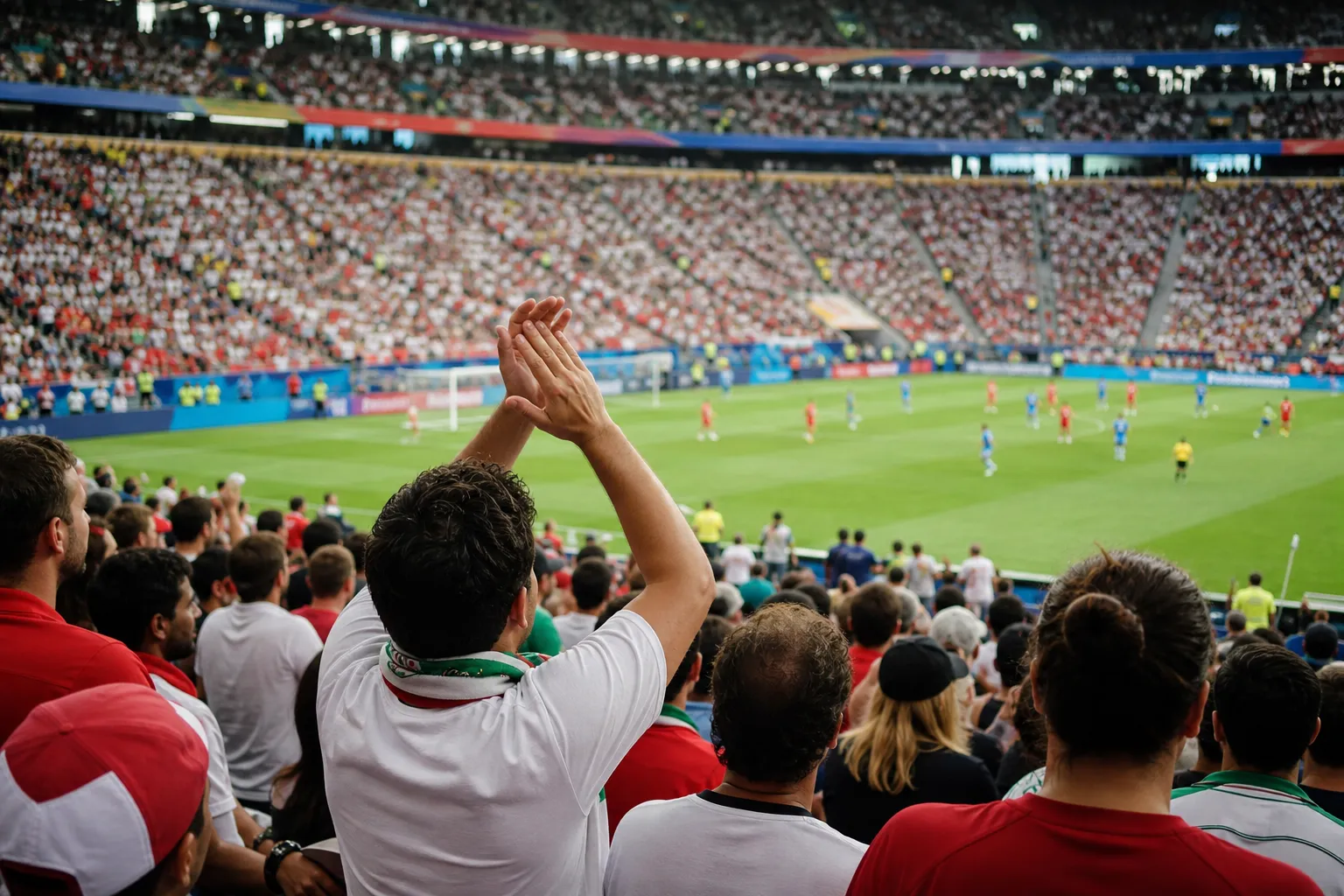 Fans studying a wide-channel attacking move during a World Cup watch party