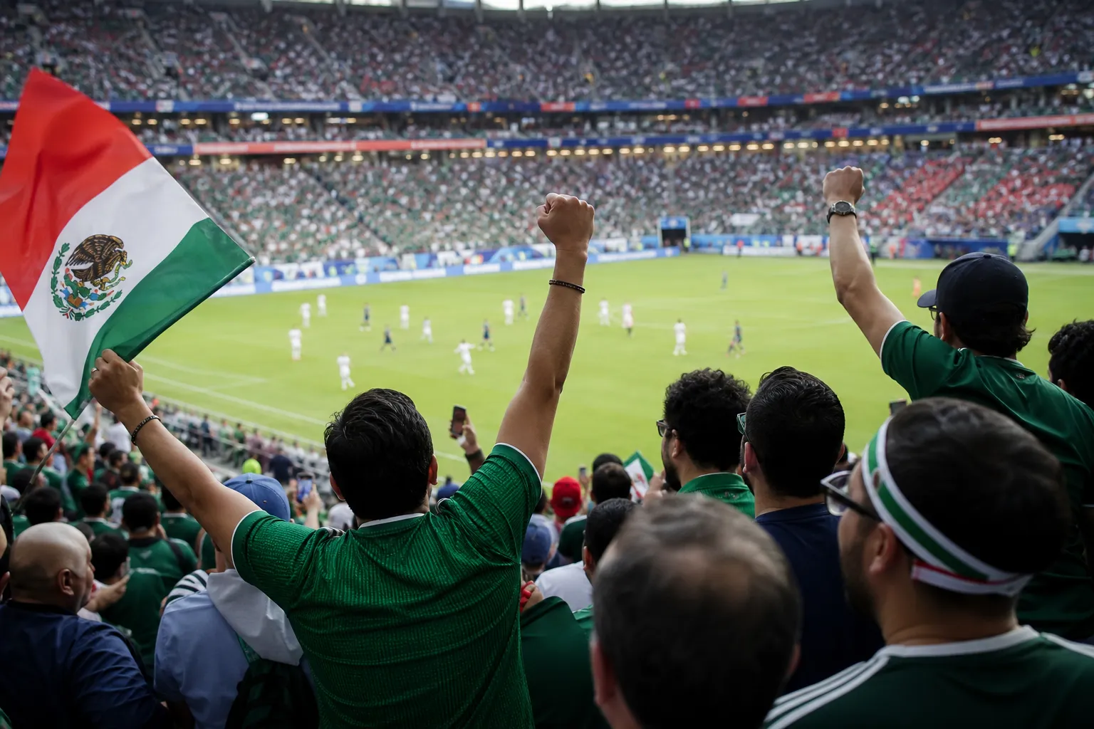 Mexico supporters checking bilingual kickoff time before leaving for a public viewing