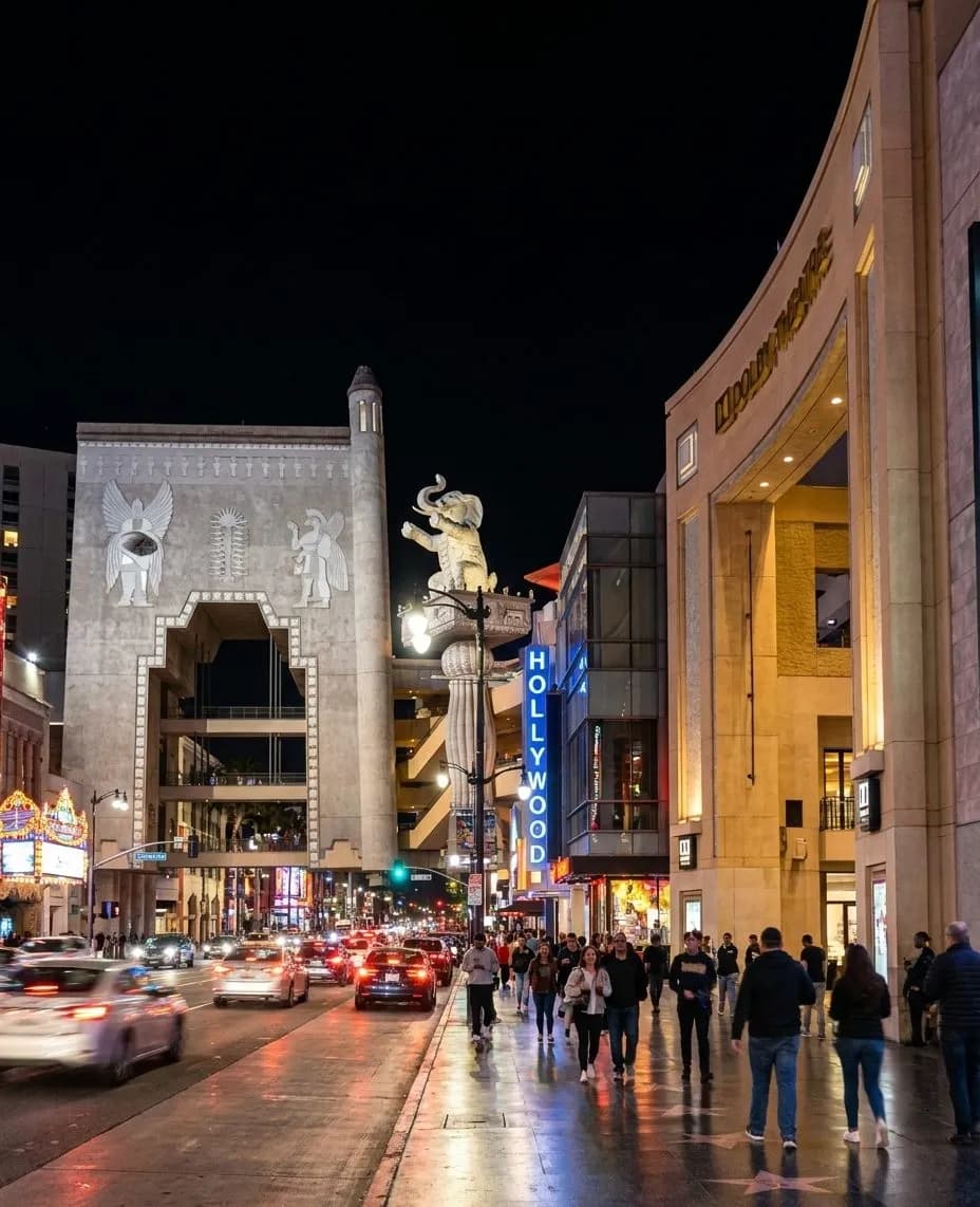Bright arcade entrance on a busy Hollywood street at night