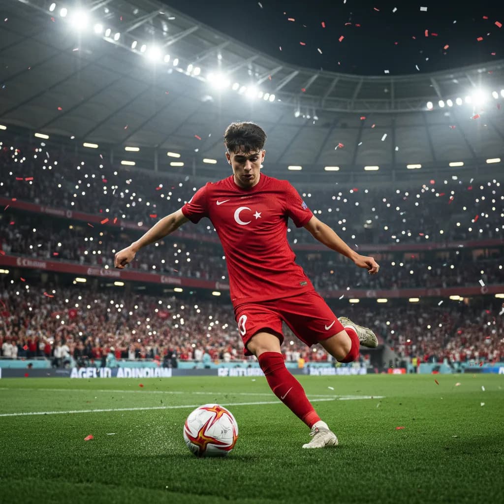 Arda Güler striking the ball in Turkey's red jersey during World Cup 2026
