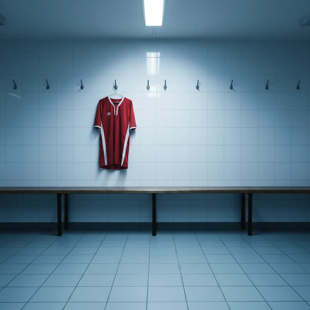 A red and white jersey hanging alone in an empty locker room