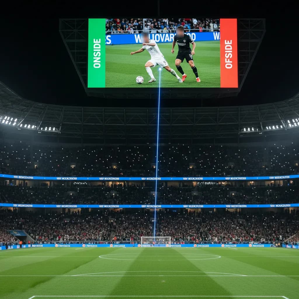 A VAR screen shows a razor-thin offside margin during the Argentina-Egypt match