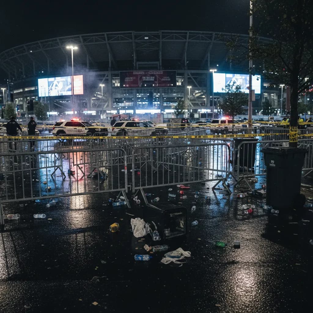 Police barricades and yellow tape outside a stadium at night with emergency vehicle lights reflecting on wet ground
