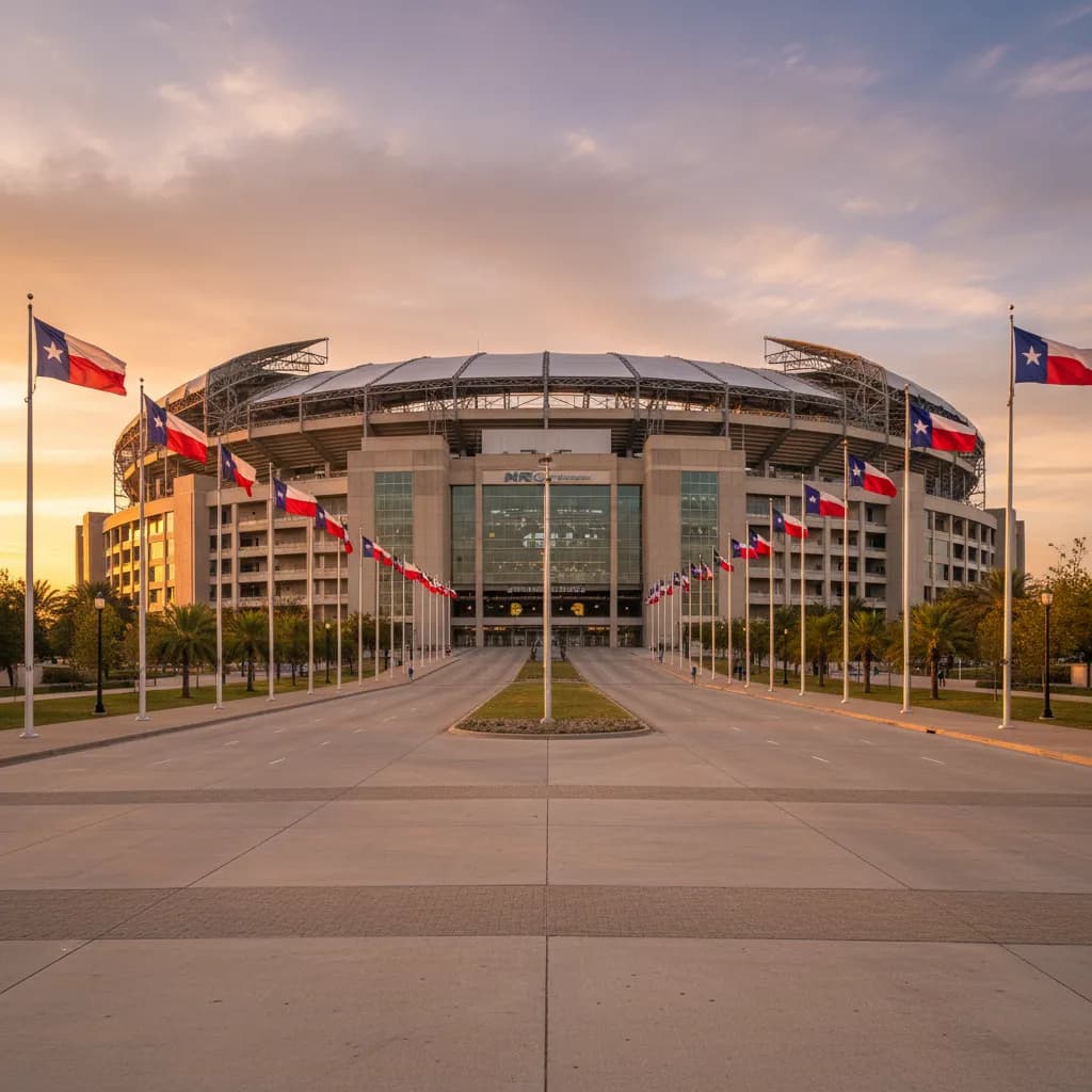 NRG Stadium in Houston gleams at golden hour with its retractable roof structure visible
