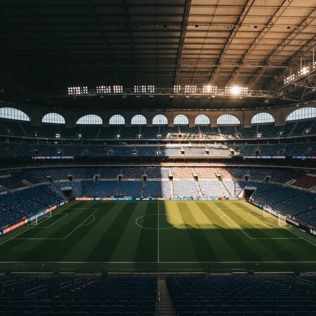 Stadium seats split between shadow and golden floodlight inside NRG Stadium during the match