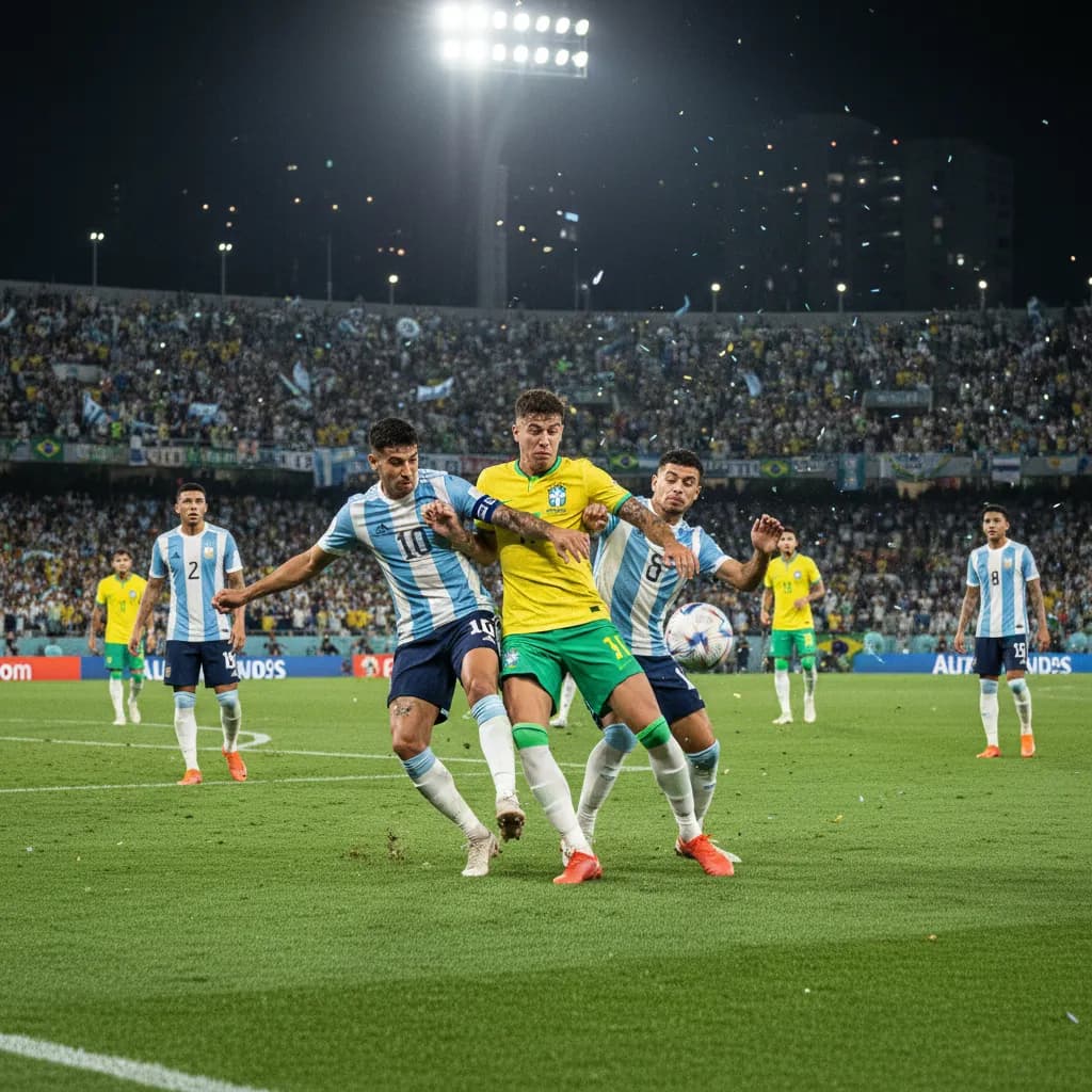 Argentina and Brazil players battling for the ball in a World Cup 2026 semifinal