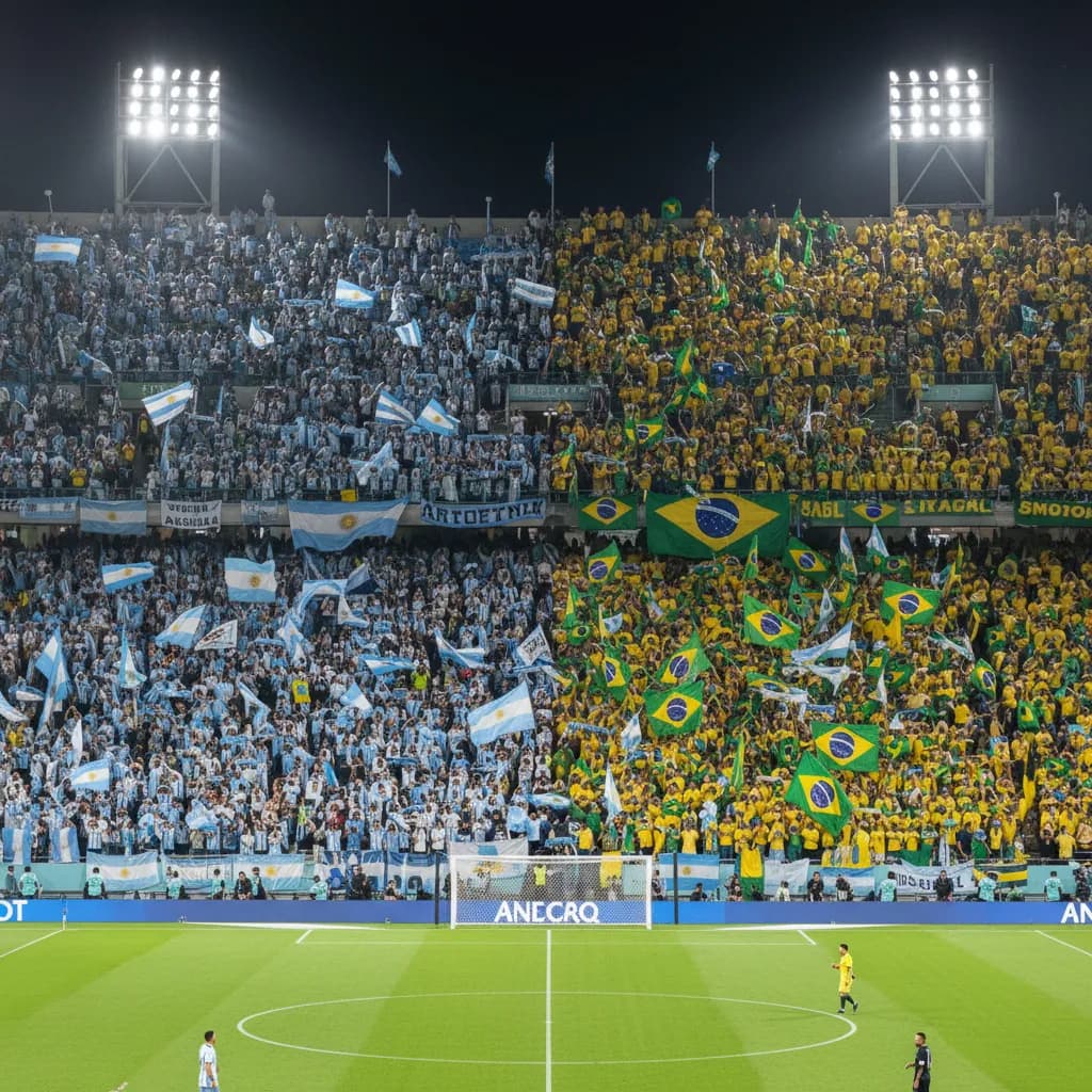 Argentina and Brazil players battling for the ball in a World Cup 2026 semifinal