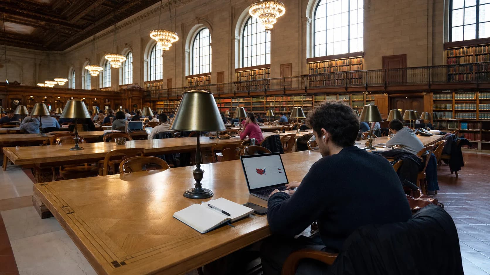 A person reviews election information on a laptop inside a large New York City reading room.