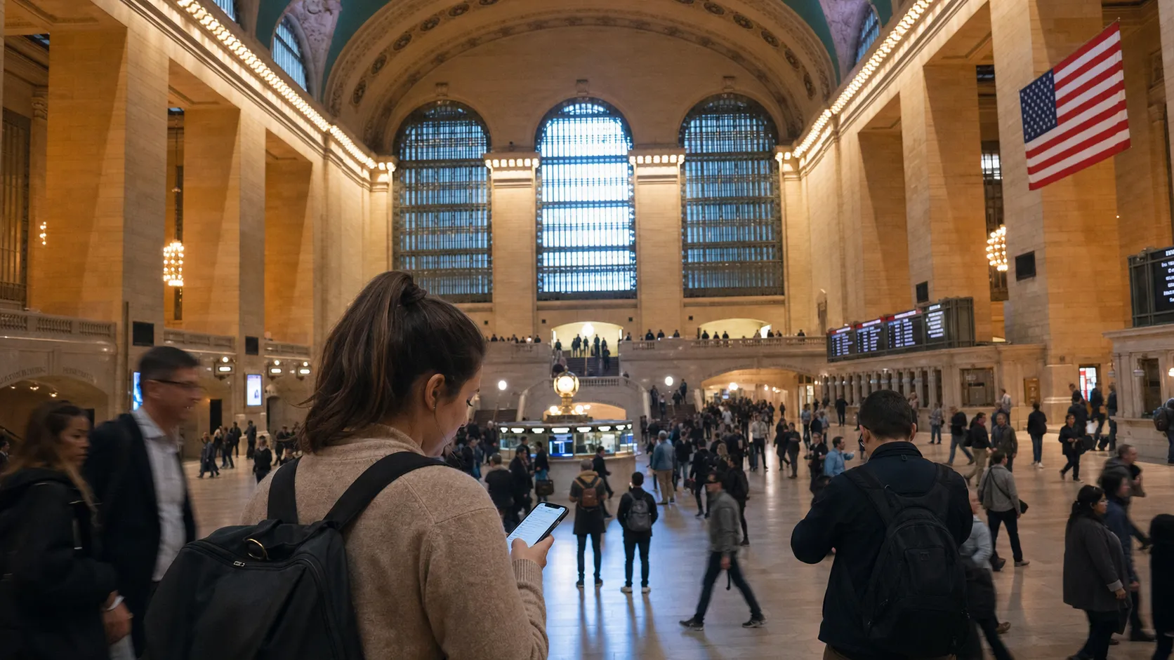 Commuters pass through Grand Central Terminal as one person checks news on a phone.