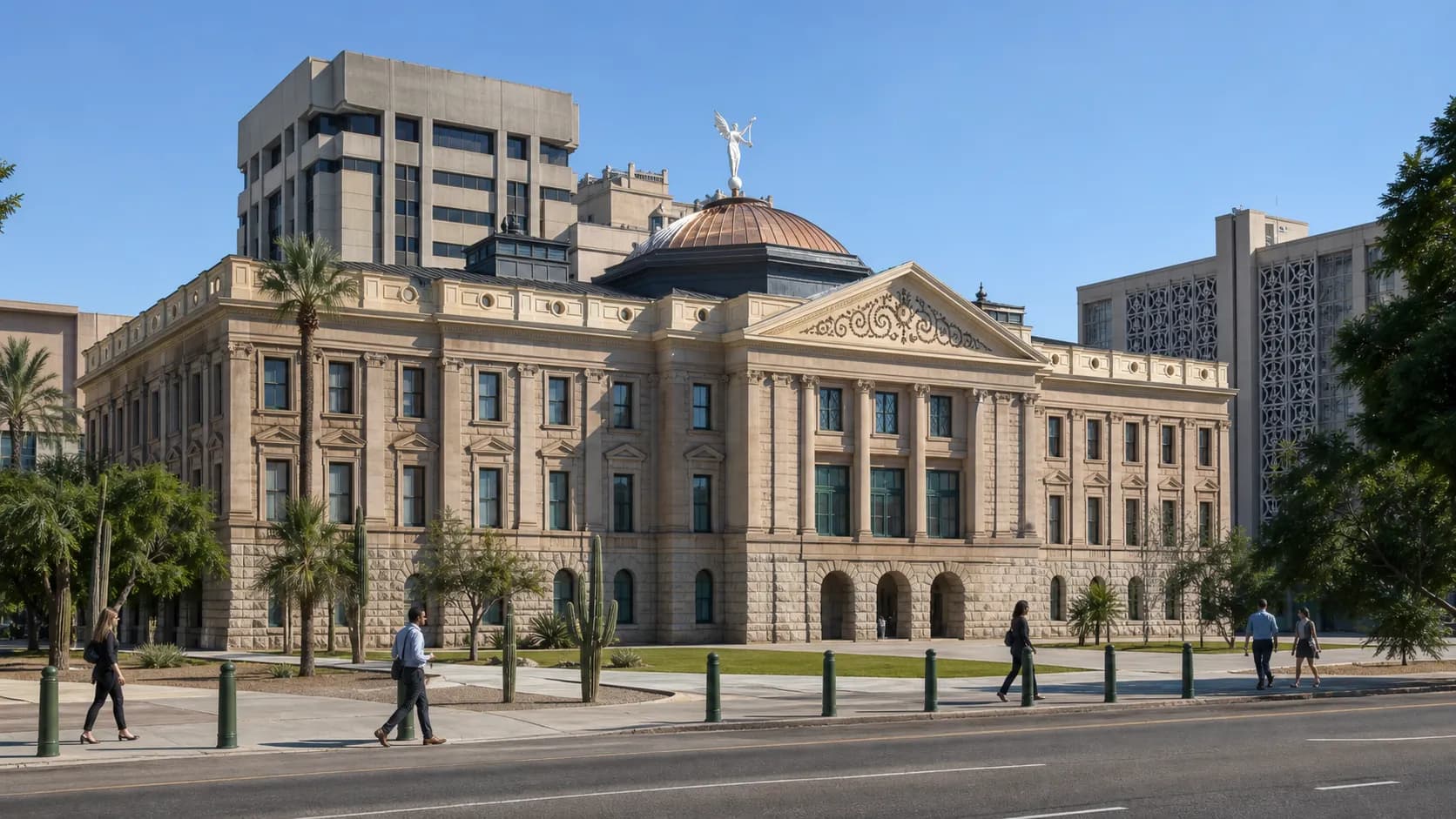 A wide exterior view of the Arizona State Capitol in Phoenix on a clear day.