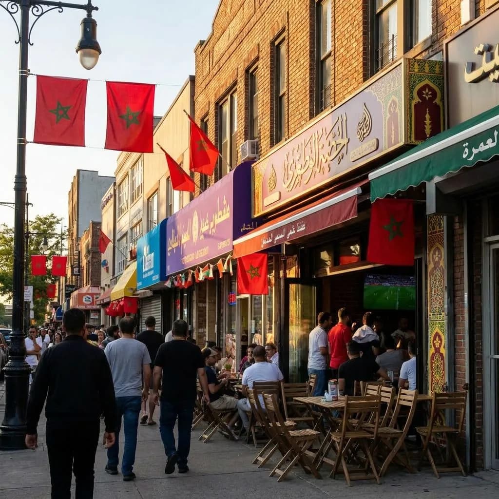 A vibrant commercial street in Astoria Queens with Moroccan flags and sidewalk cafés during World Cup season