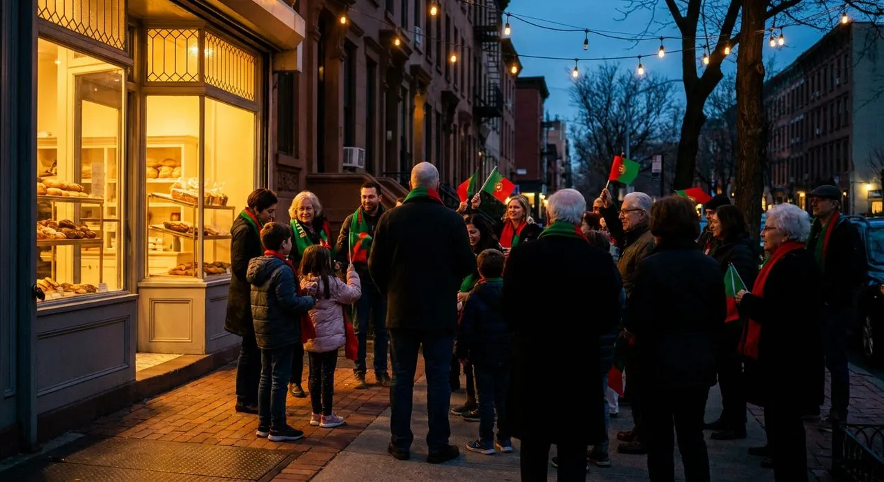 A multi-generational community celebration on a Brooklyn sidewalk at dusk with Moroccan flags and bakery lights