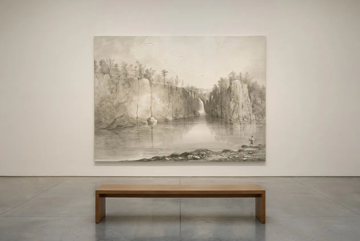 A large textured monochrome painting on a pale gallery wall