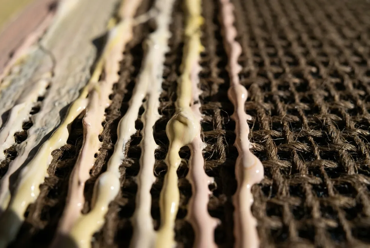 A close view of thick paint pushed through coarse woven cloth