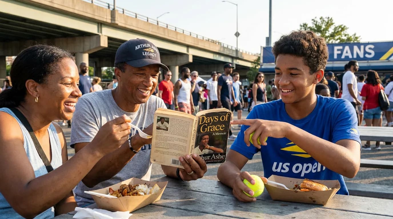 Photorealistic tennis scene illustrating Arthur Ashe Legacy Moments Fans Can Understand.