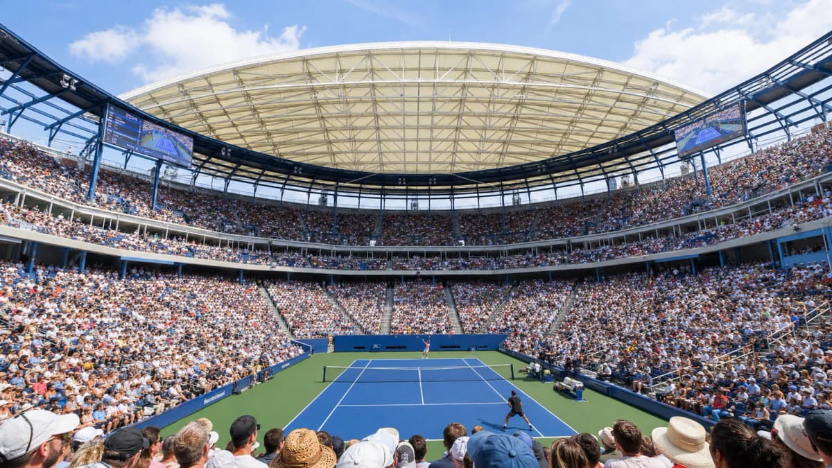 Photorealistic US Open tennis scene for Arthur Ashe Stadium Roof Rules Every US Open Fan Should Know.