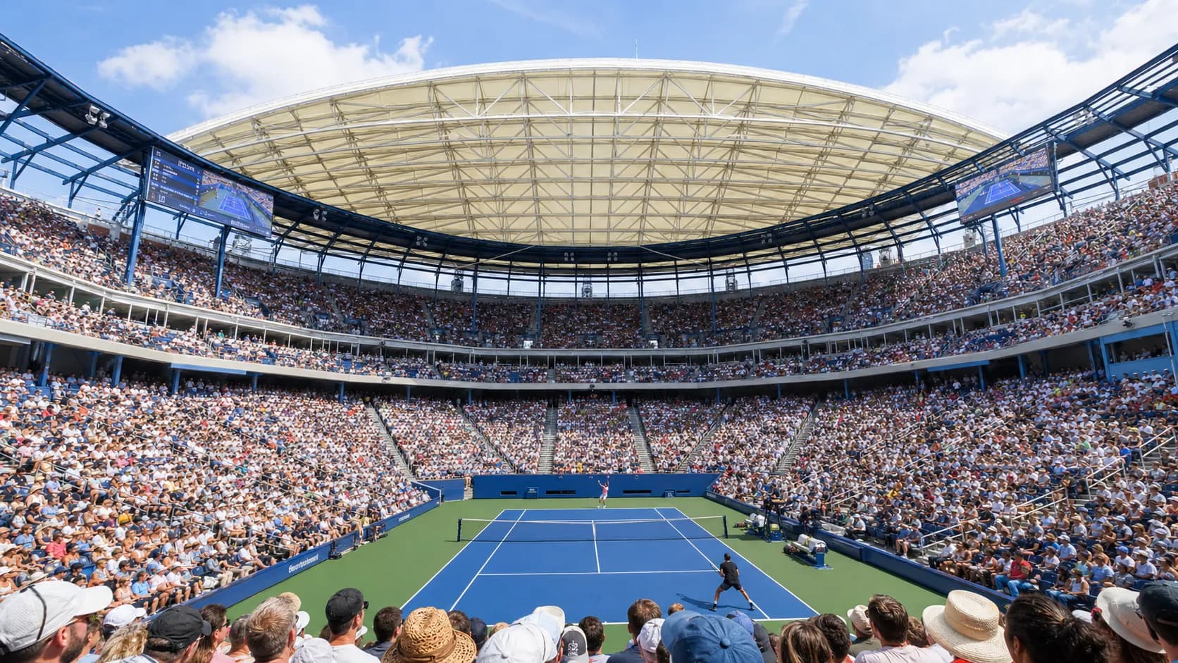 Photorealistic US Open tennis scene for Arthur Ashe Stadium Roof Rules Every US Open Fan Should Know.