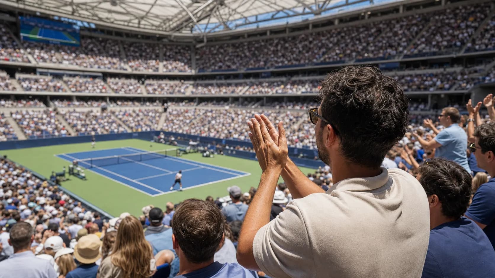Photorealistic tennis scene illustrating Arthur Ashe Stadium Roof Rules Every US Open Fan Should Know.