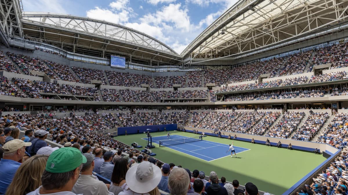 Bright US Open tennis atmosphere illustrating Arthur Ashe Stadium Roof Rules Every US Open Fan Should Know.