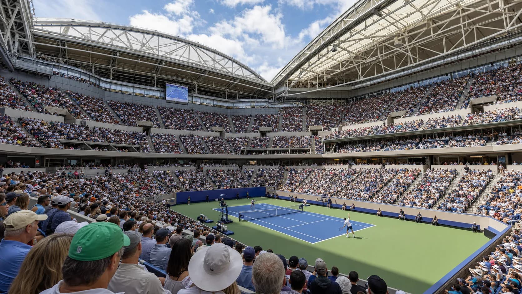 Bright US Open tennis atmosphere illustrating Arthur Ashe Stadium Roof Rules Every US Open Fan Should Know.