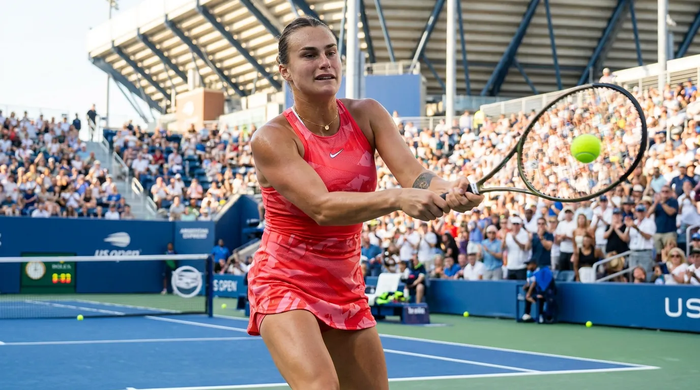 Photorealistic US Open tennis scene for Aryna Sabalenka’s Hard-Court Power Makes Her a US Open Favorite.