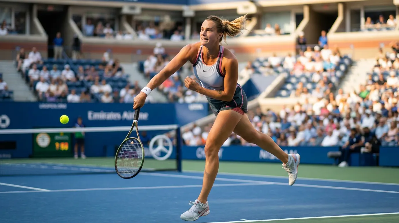 Photorealistic tennis scene illustrating Aryna Sabalenka’s Hard-Court Power Makes Her a US Open Favorite.