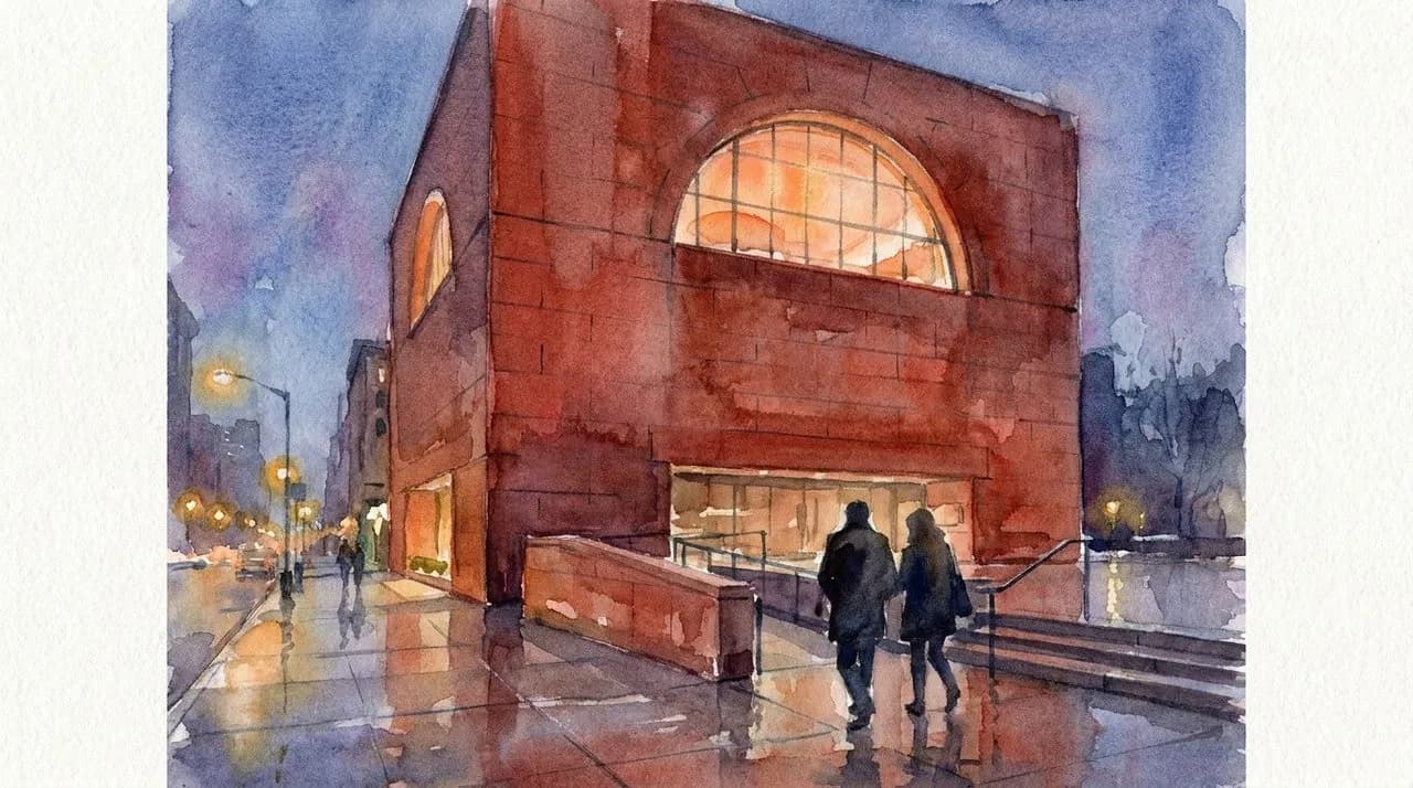 AI-generated watercolor: the Asia Society building at 725 Park Avenue and East 70th Street at blue hour — an eight-story red Oklahoma granite cube with a distinctive semicircular arched window glowing warmly from within, two silhouetted figures climbing the front steps toward the lit entrance, the sidewalk reflecting streetlamp glow