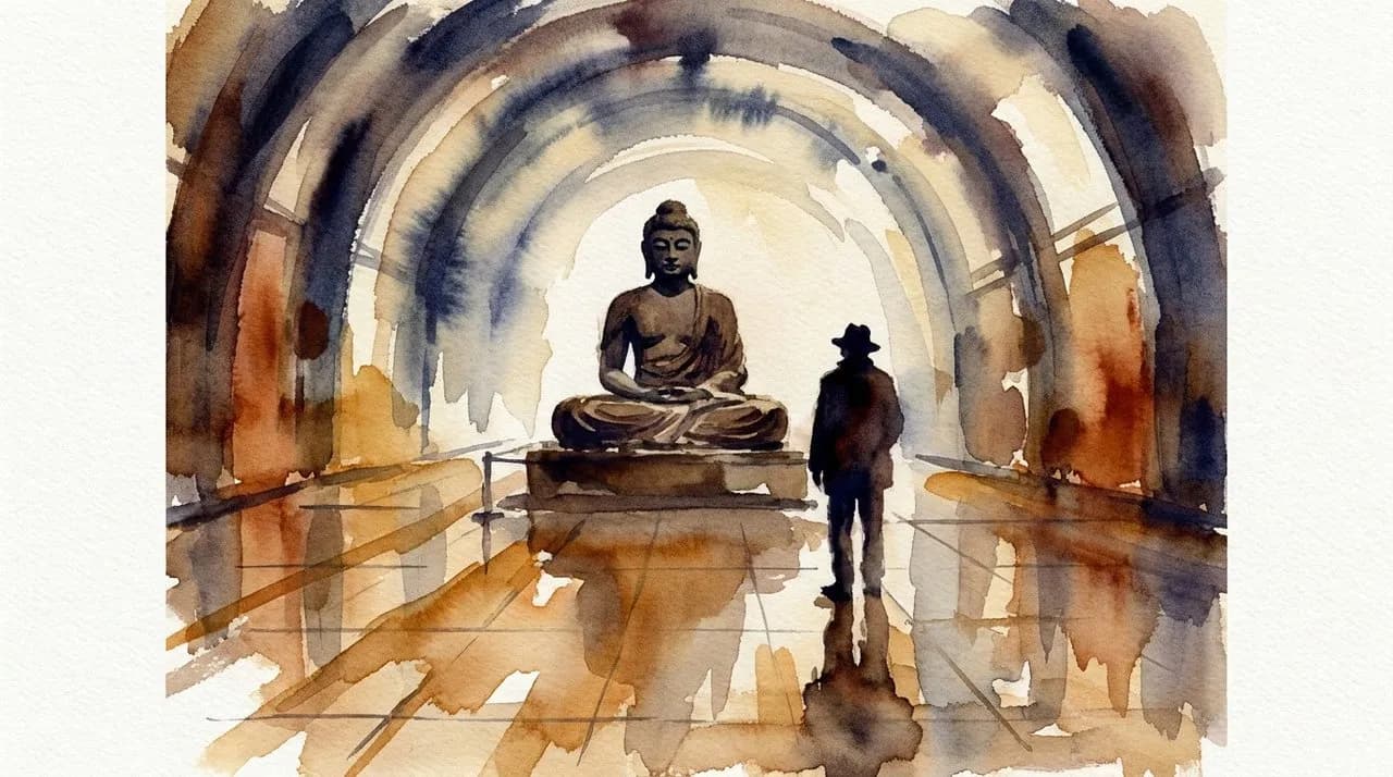 AI-generated watercolor: a barrel-vaulted museum lobby gallery interior with a large monumental stone Buddhist sculpture on a low plinth at center, warm gallery lighting casting amber shadows across a polished stone floor, one back-turned silhouetted visitor contemplating the sculpture from a respectful distance