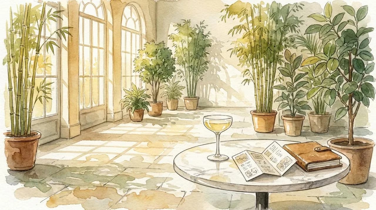 AI-generated watercolor: a sunlit indoor atrium cafe at Asia Society — potted bamboo and ficus in the background, a small round marble cafe table in the foreground holding a single coupe glass of pale wine and an open exhibition brochure, late-afternoon light through tall windows, warm honey and green palette