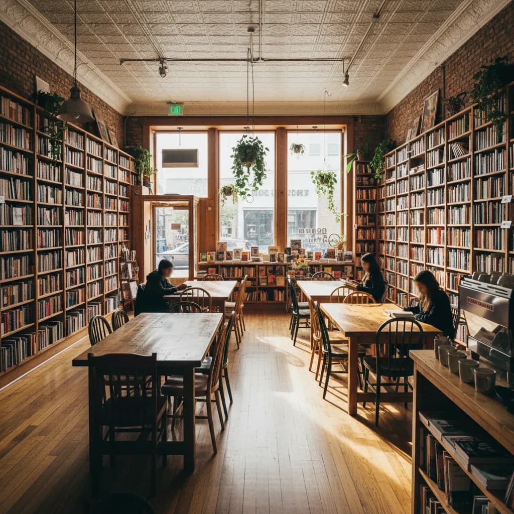 Editorial-style realistic scene inspired by Astoria Bookshop in New York.