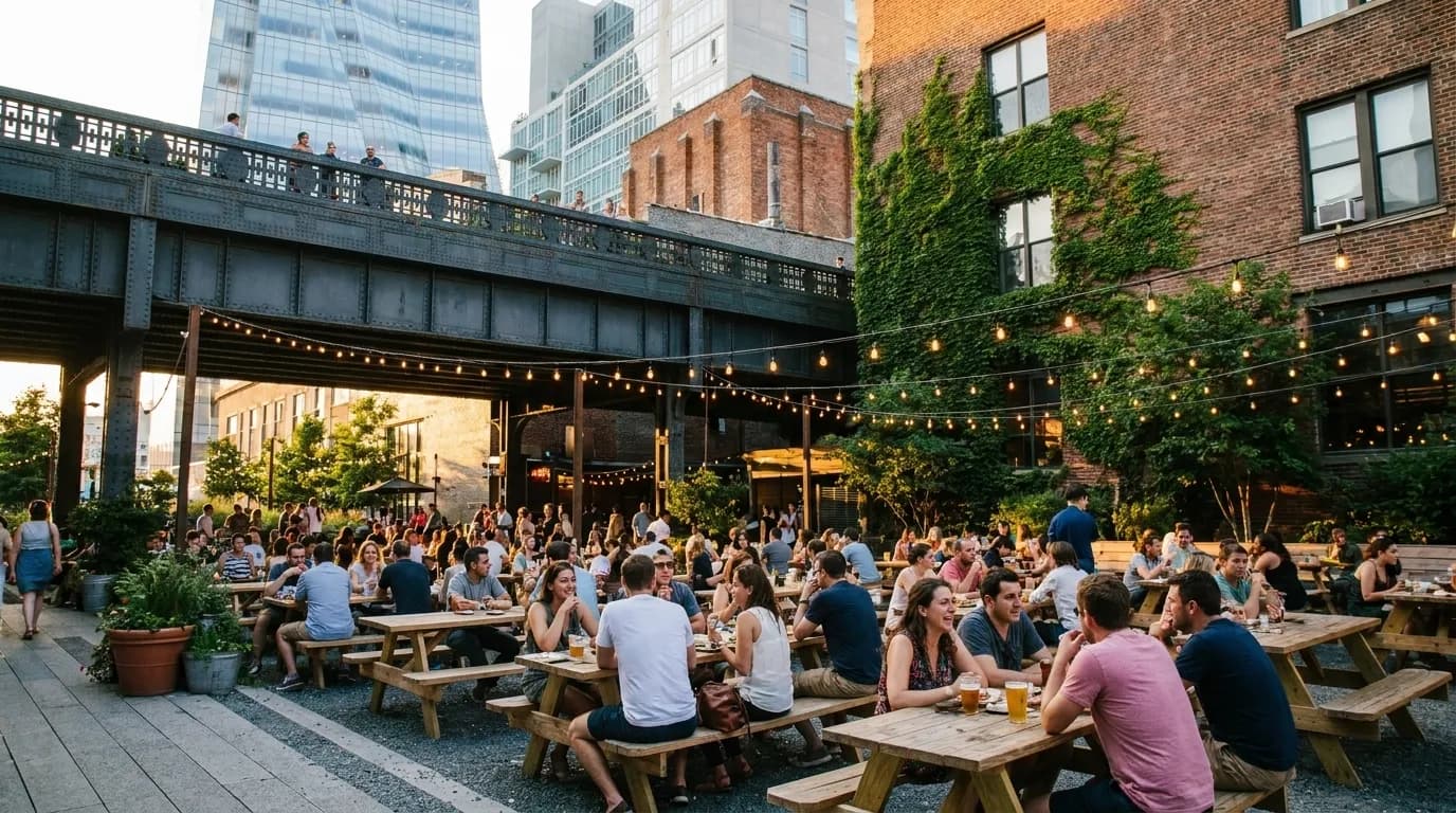 Outdoor picnic tables under string lights at Bohemian Hall Beer Garden in Astoria
