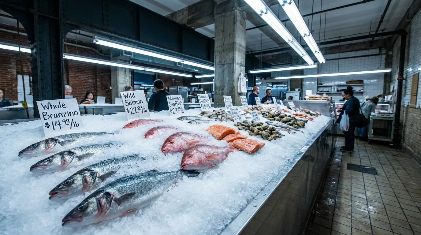Fresh fish displayed on ice at Astoria Seafood's market counter
