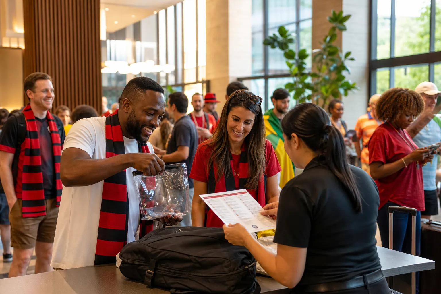 Atlanta fans checking bags and route timing before heading to the match