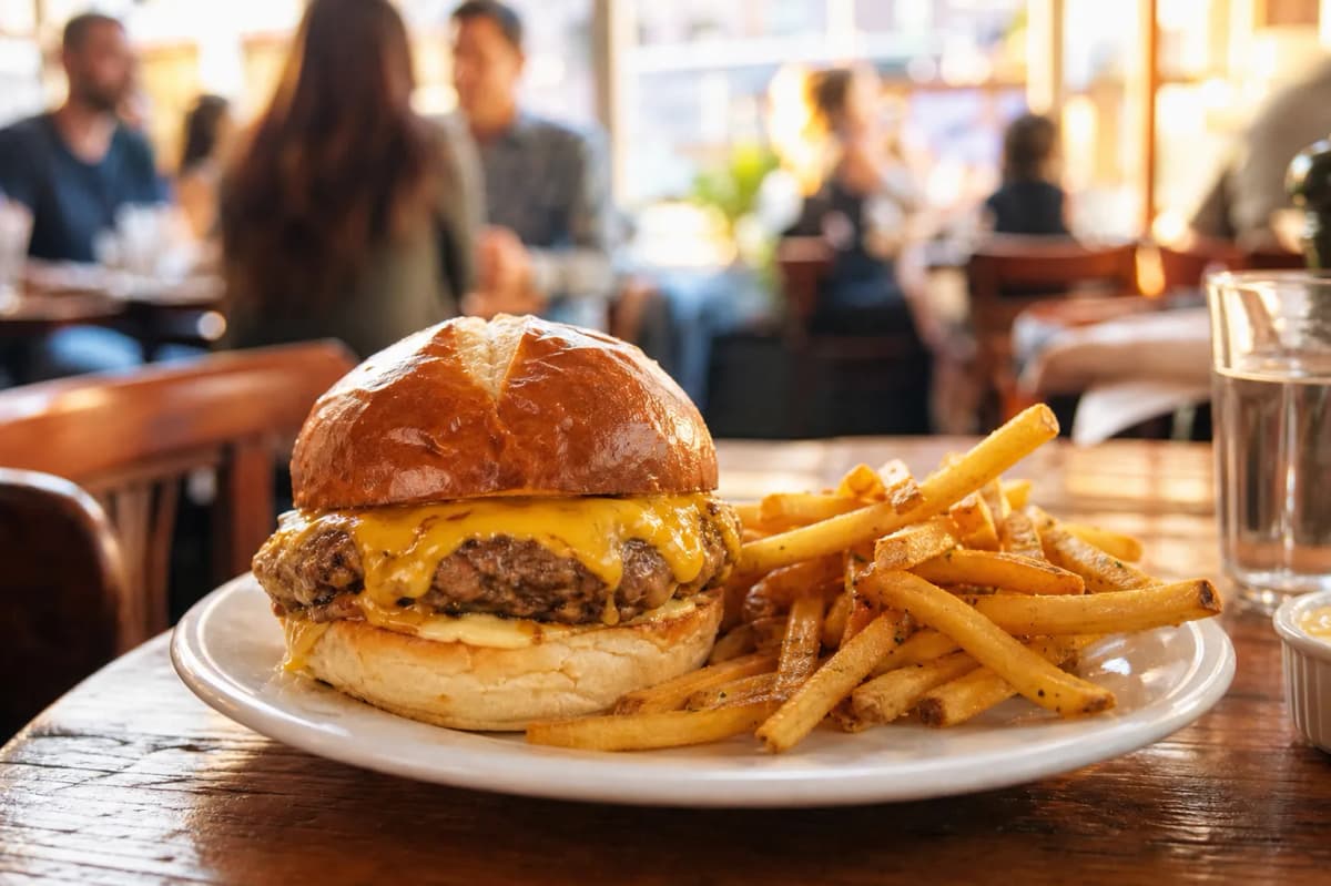 A bright cheeseburger and fries on a restaurant table for an Au Cheval NYC dinner guide
