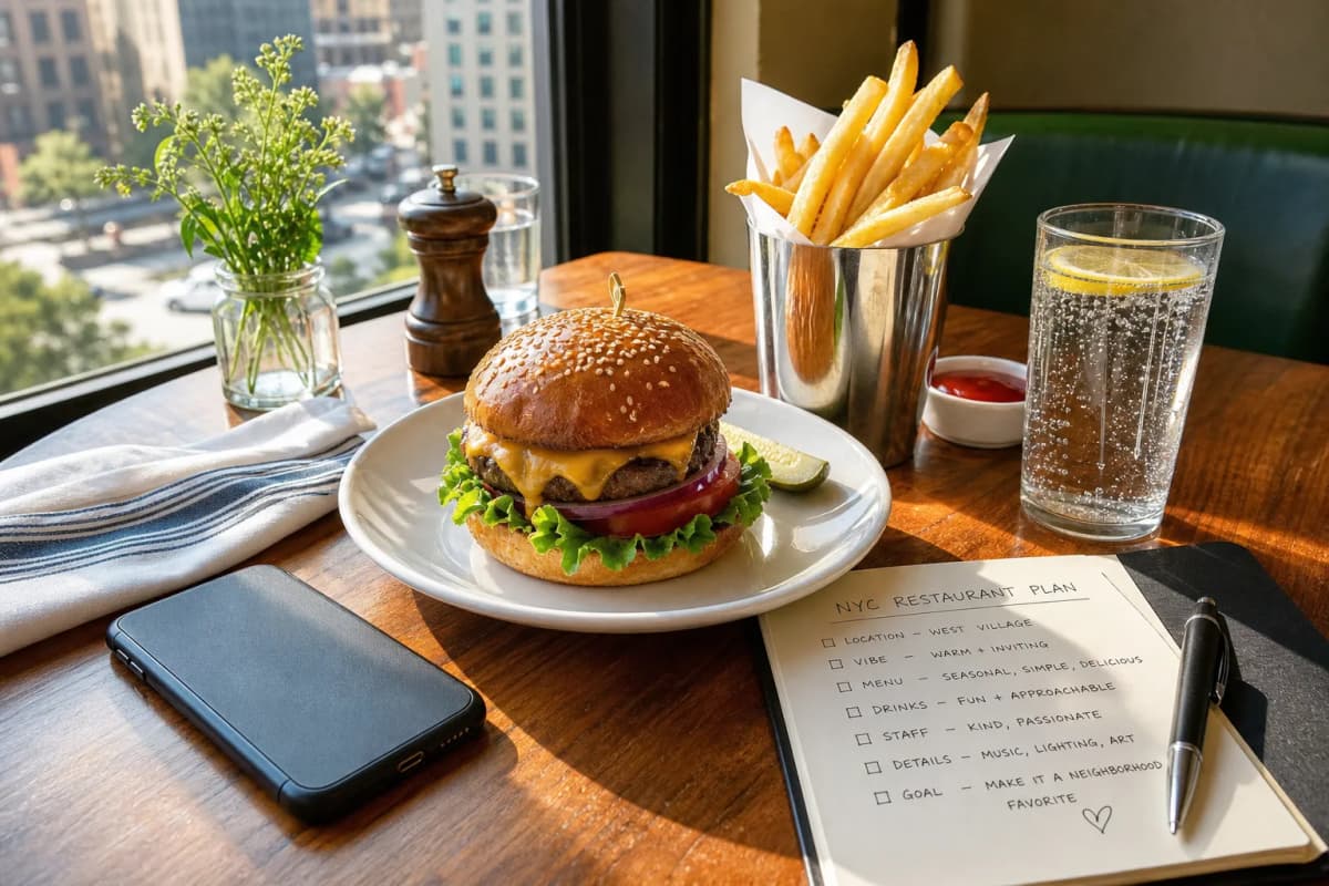 A bright NYC restaurant planning table with a burger, phone, and notebook