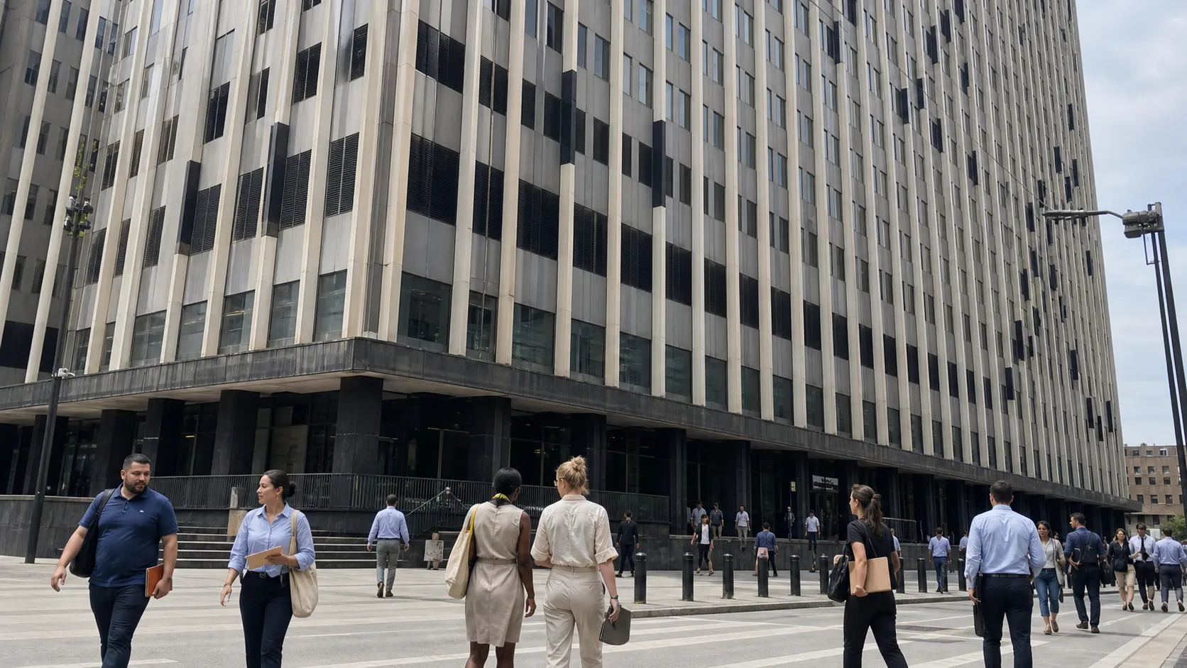People walking near a federal building in Lower Manhattan on a summer day.